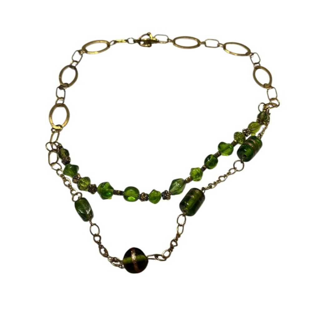 Handmade Green Beaded 2 Strand Gold Tone Chain Necklace.